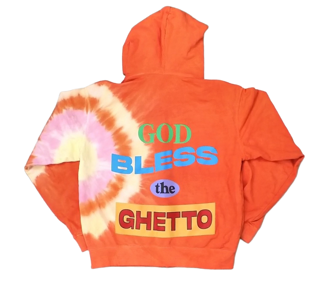 1/1 orange tie dye hoodie with patches