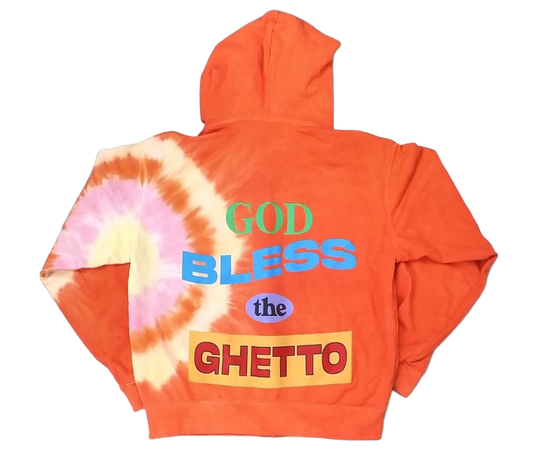 Orange God Bless The Ghetto zip up tie dye hoodie