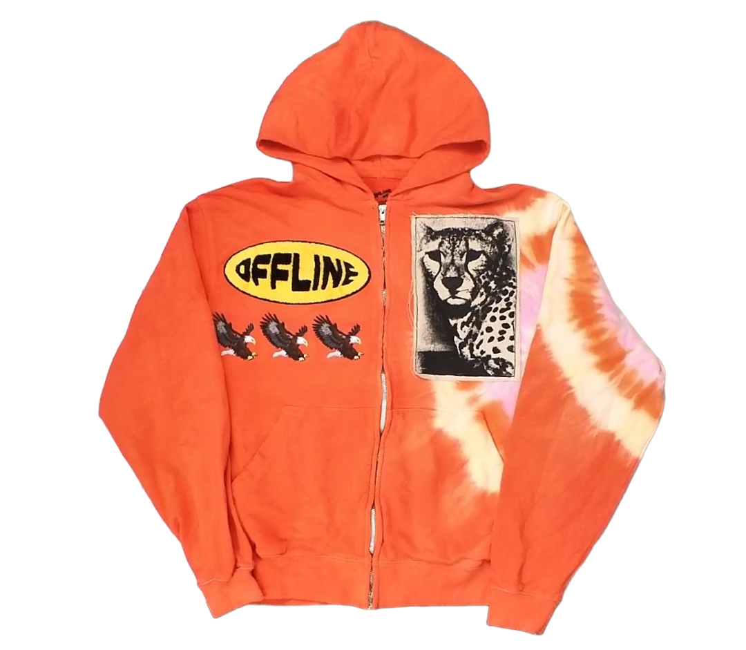 1/1 orange tie dye hoodie with patches
