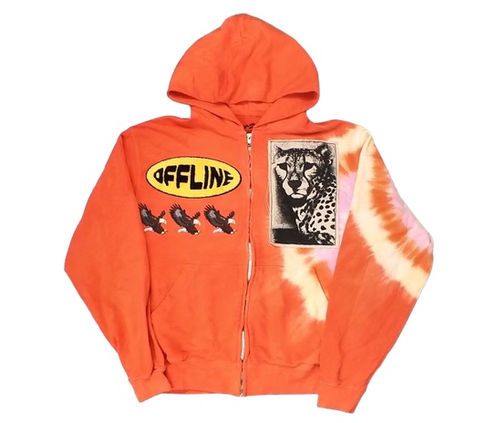 1/1 orange tie dye hoodie with patches